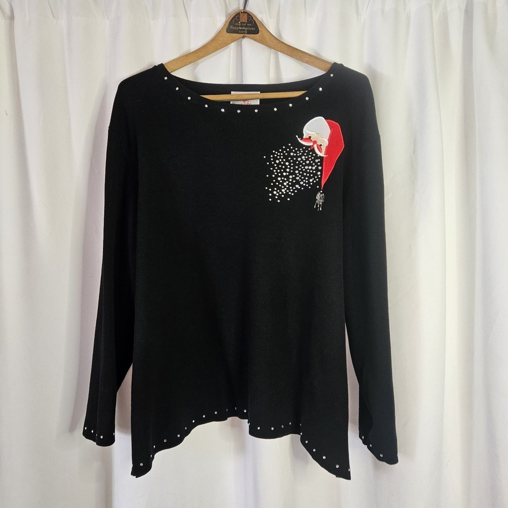 QUACKER FACTORY Womens 3X Santa Christmas Sweater Black Embellished Sparkle